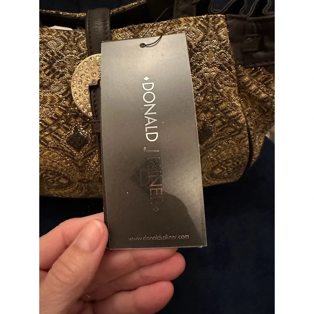 Donald J Pliner Gold Brocade Finesse Satchel Buckle Detail Handbag‎ Purse